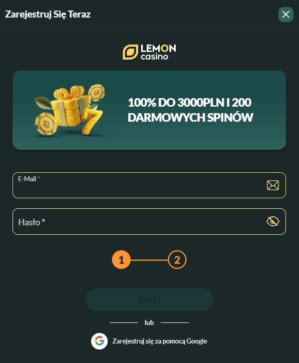 Formularz rejestracyjny Lemon Casino